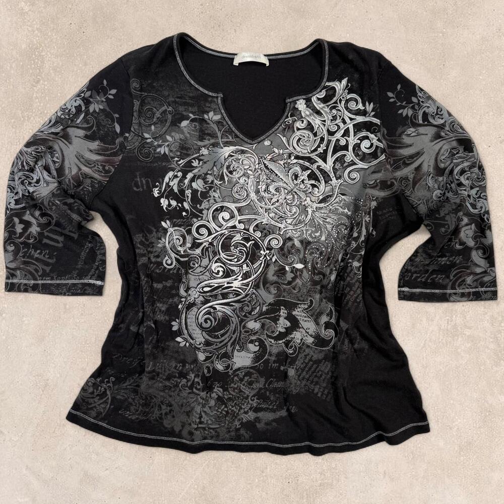 Y2K black silver rhinestone graphic top grunge goth witchy 2XL